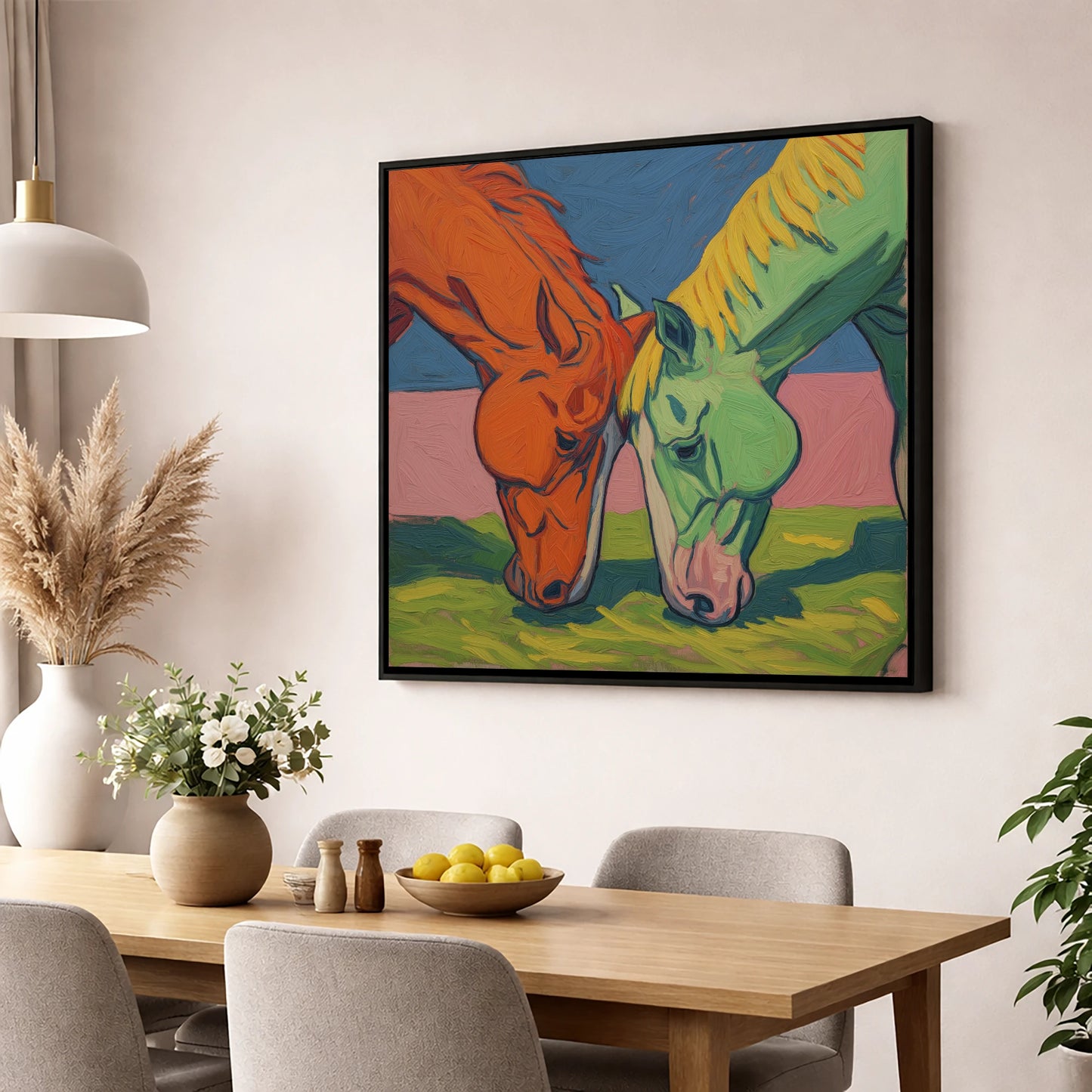 Painted Pasture Companions horse portrait wall art displayed in a dining room