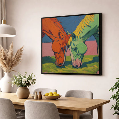 Painted Pasture Companions horse portrait wall art displayed in a dining room