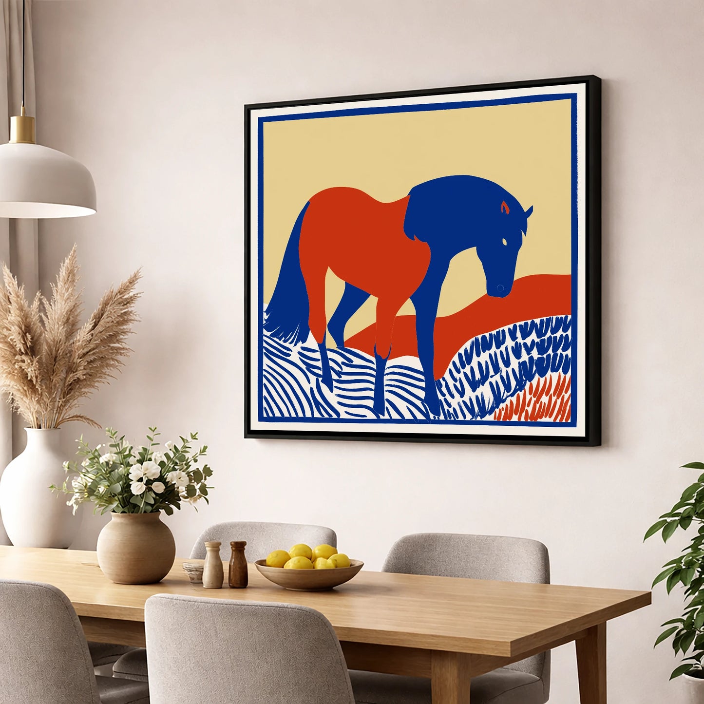 Cobalt And Rust horse portrait wall art displayed in a dining room