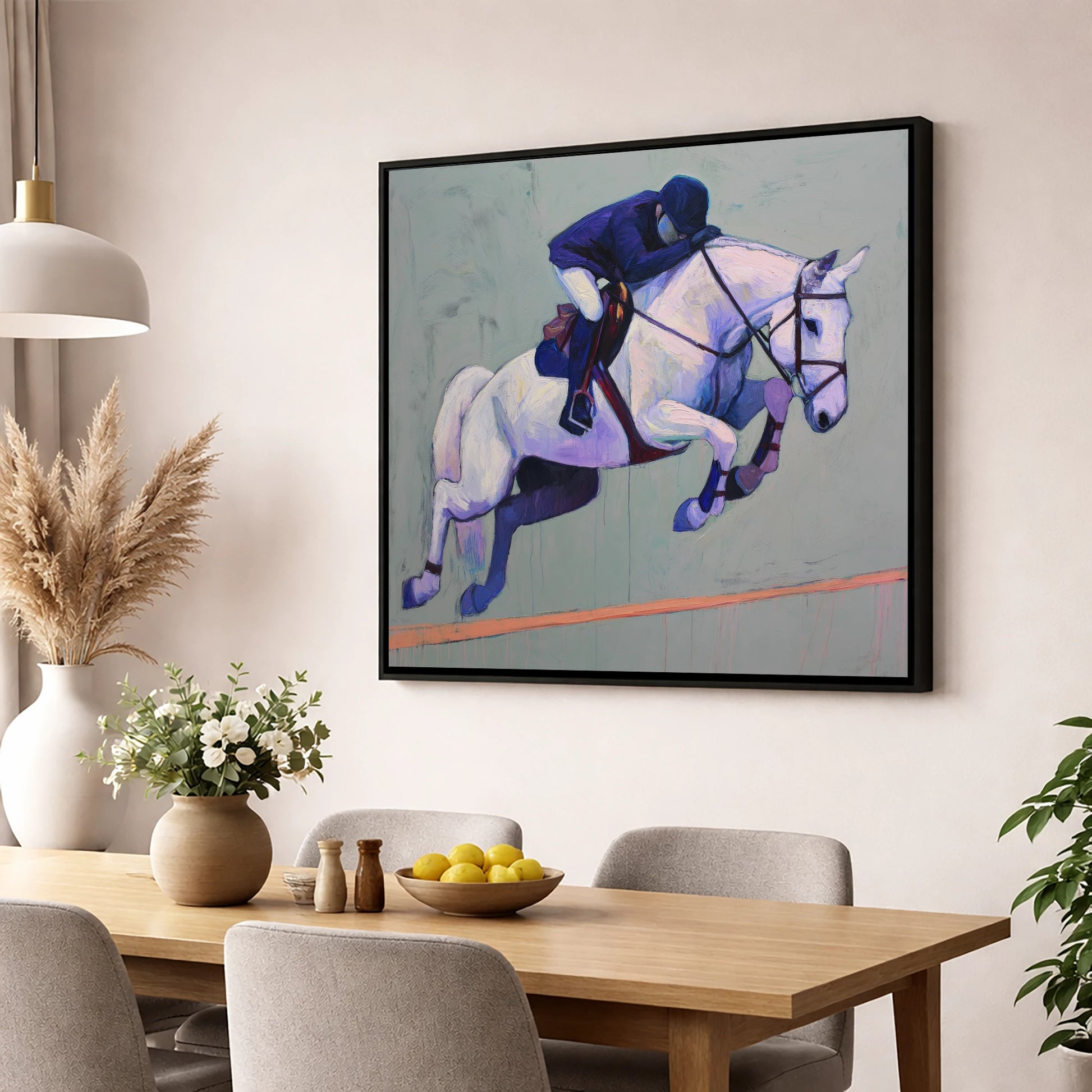 Suspended in Blue show jumping horse wall art displayed in a dining room