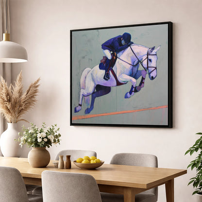 Suspended in Blue show jumping horse wall art displayed in a dining room