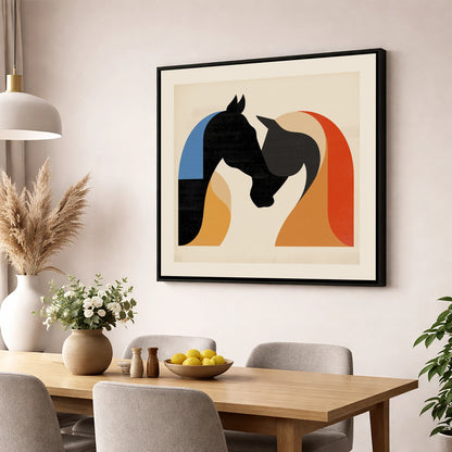 Abstract Equine Embrace horse portrait wall art displayed in a dining room
