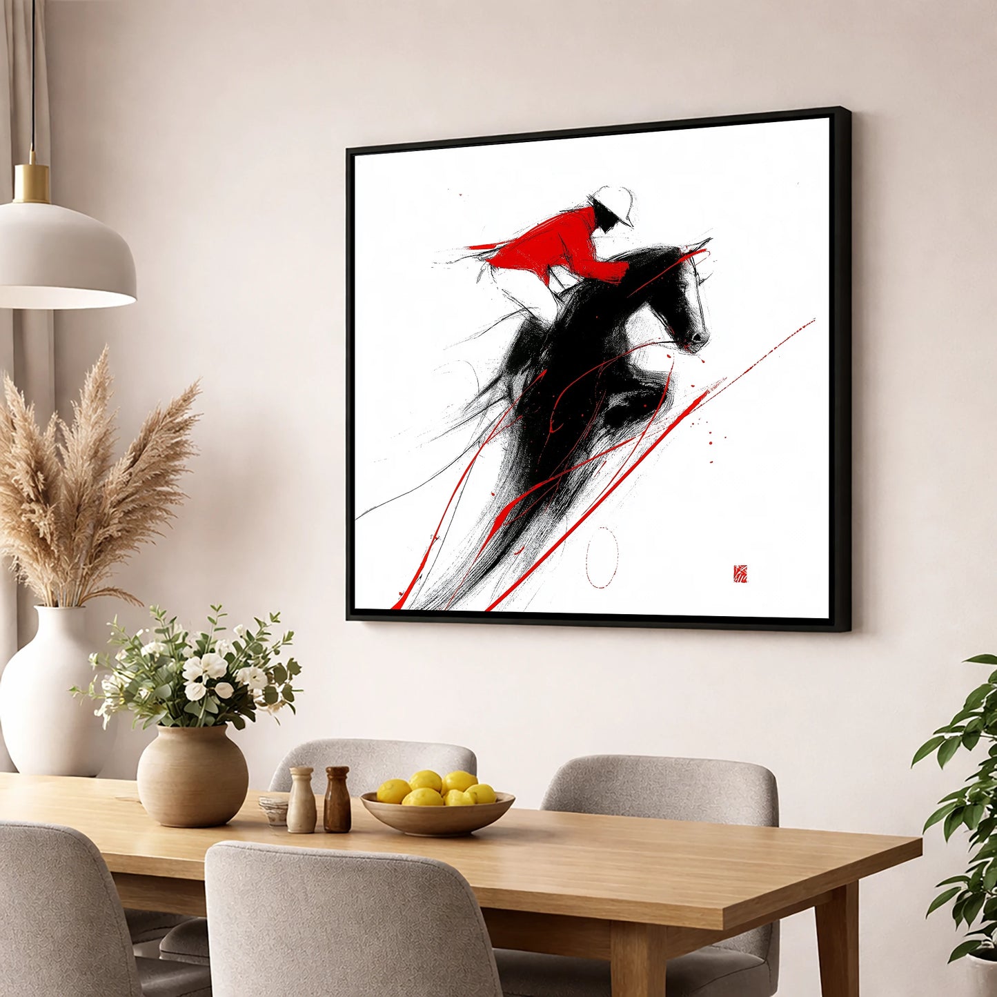 Flight in Crimson show jumping horse wall art displayed in a dining room