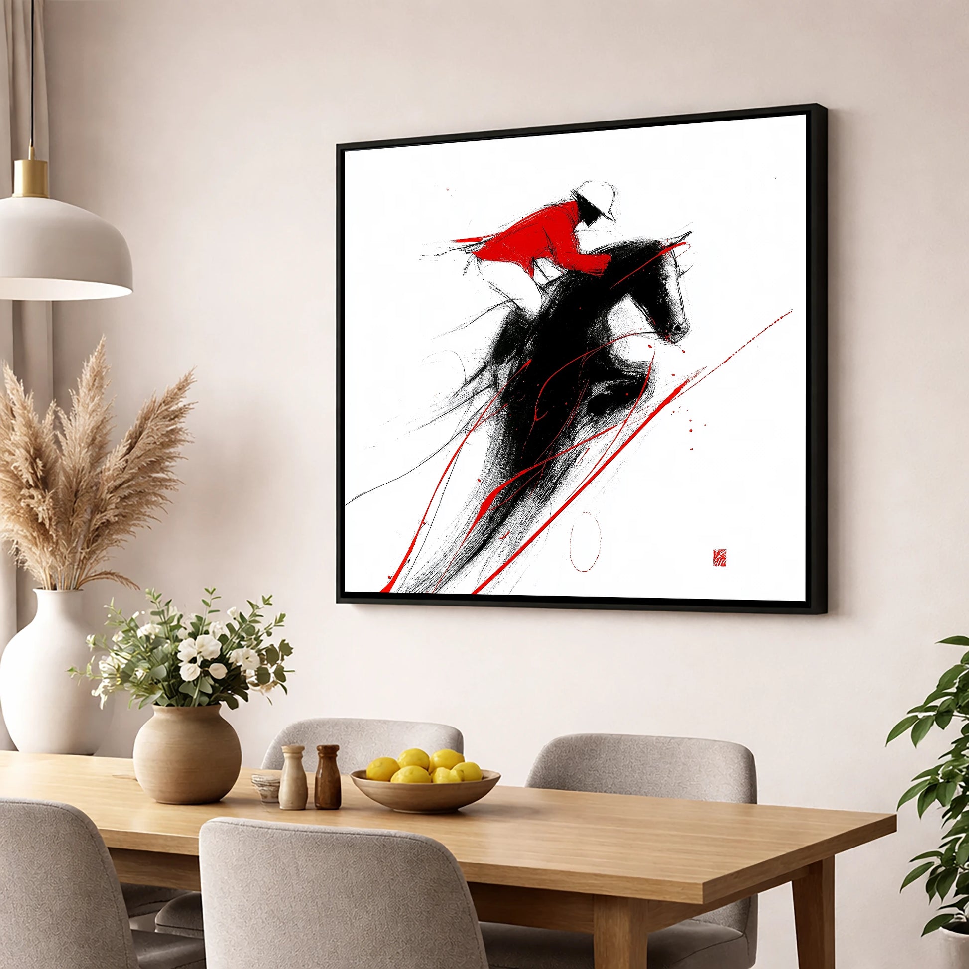 Flight in Crimson show jumping horse wall art displayed in a dining room