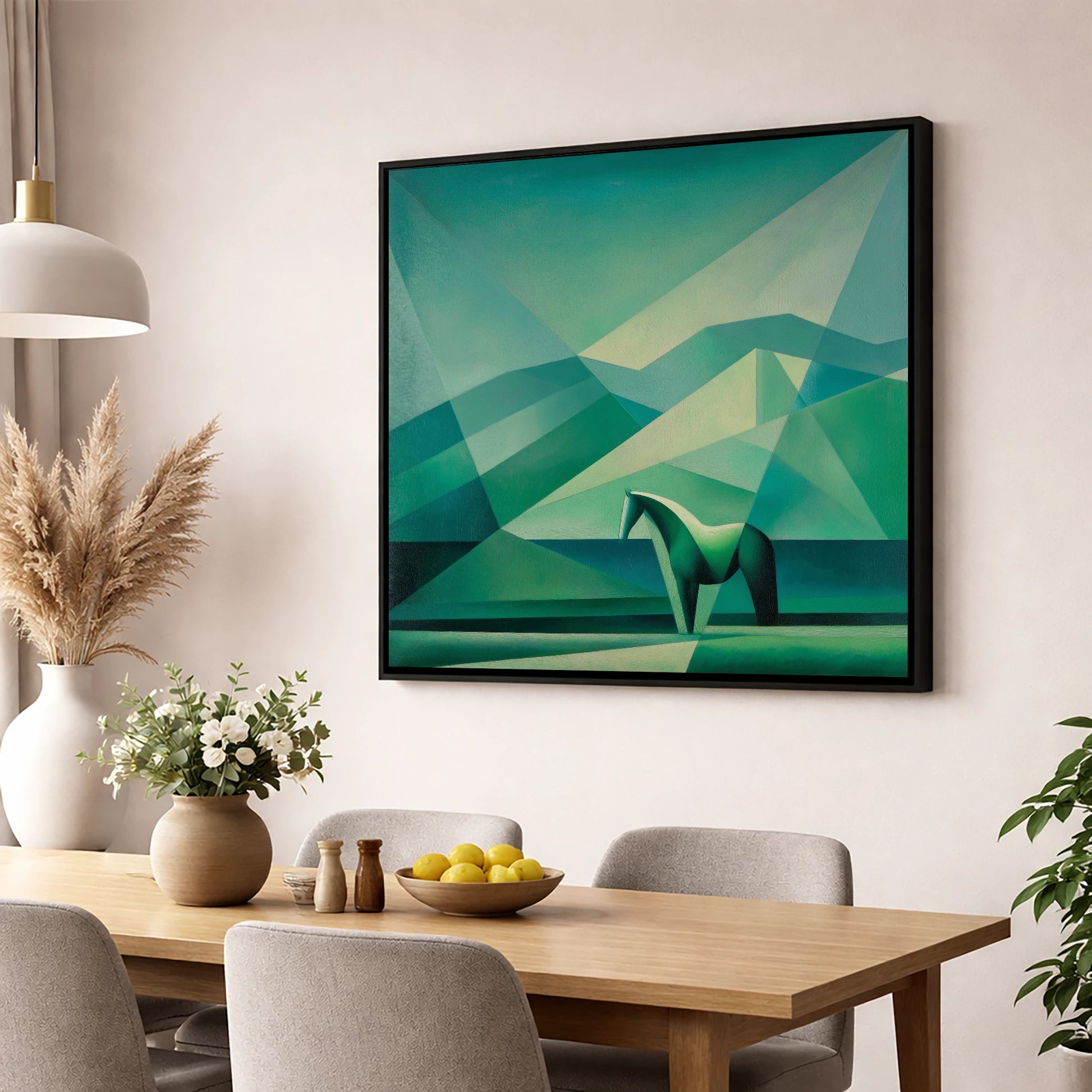 Emerald Equine Geometry horse landscape wall art displayed in a dining room