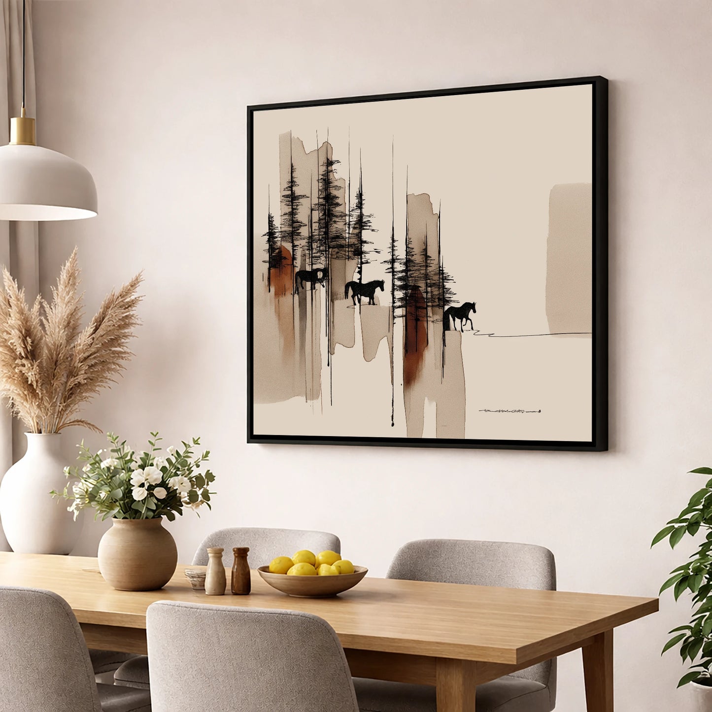 Wandering Through Pines horse landscape wall art displayed in a dining room