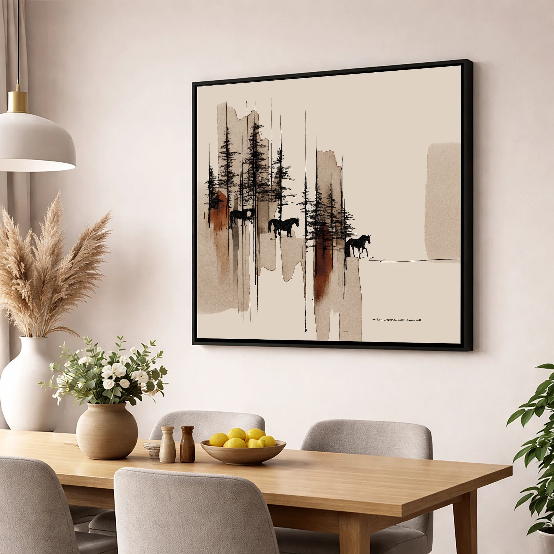 Wandering Through Pines horse landscape wall art displayed in a dining room