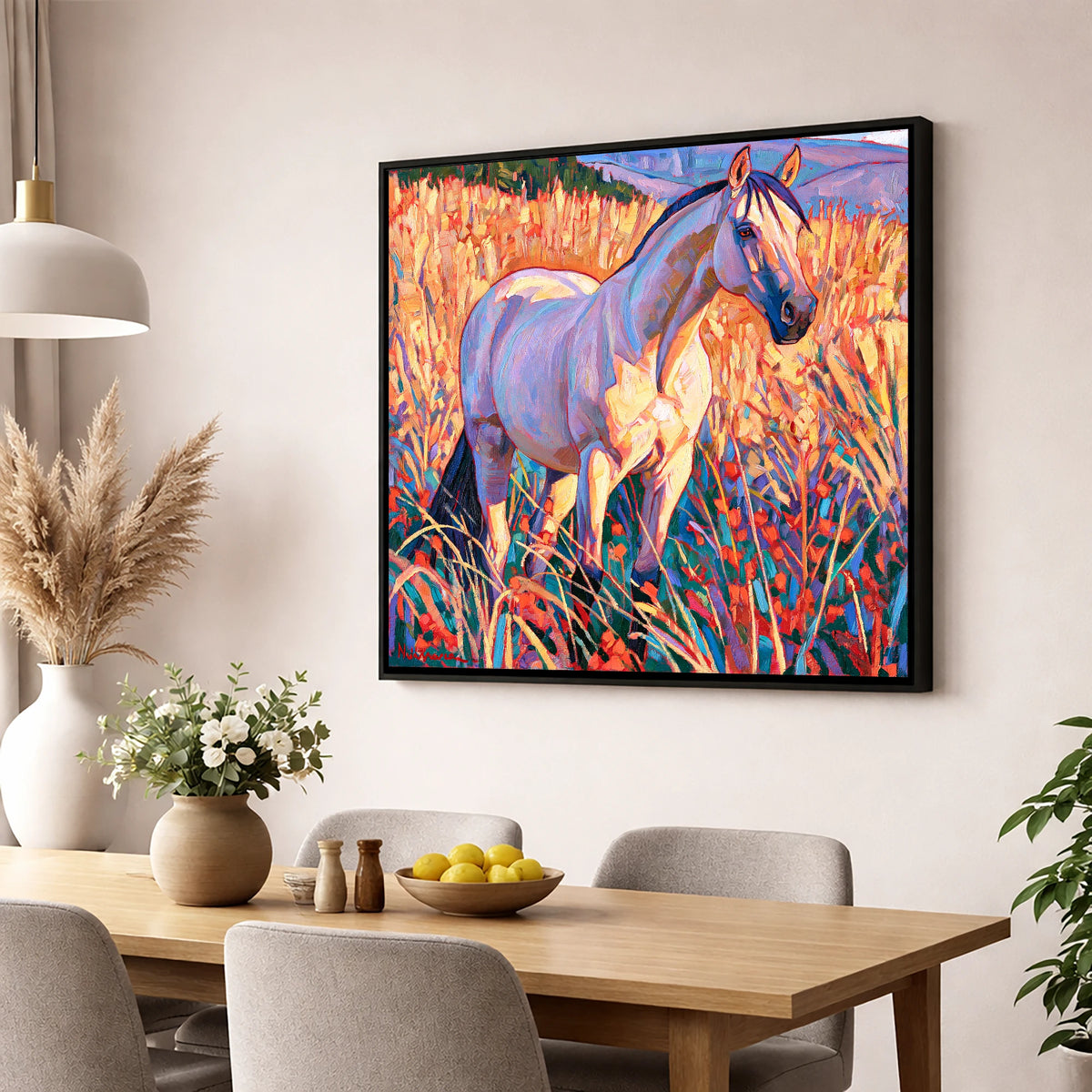 Vibrant Horse in Golden Grass horse breed wall art displayed in a dining room