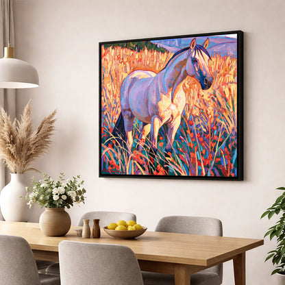Vibrant Horse in Golden Grass horse breed wall art displayed in a dining room