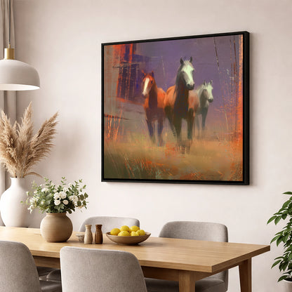 Haze and Embers wild horses wall art displayed in a dining room
