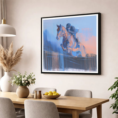 Suspended in Cobalt show jumping horse wall art displayed in a dining room