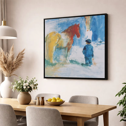 A Quiet Connection horse & rider wall art displayed in a dining room