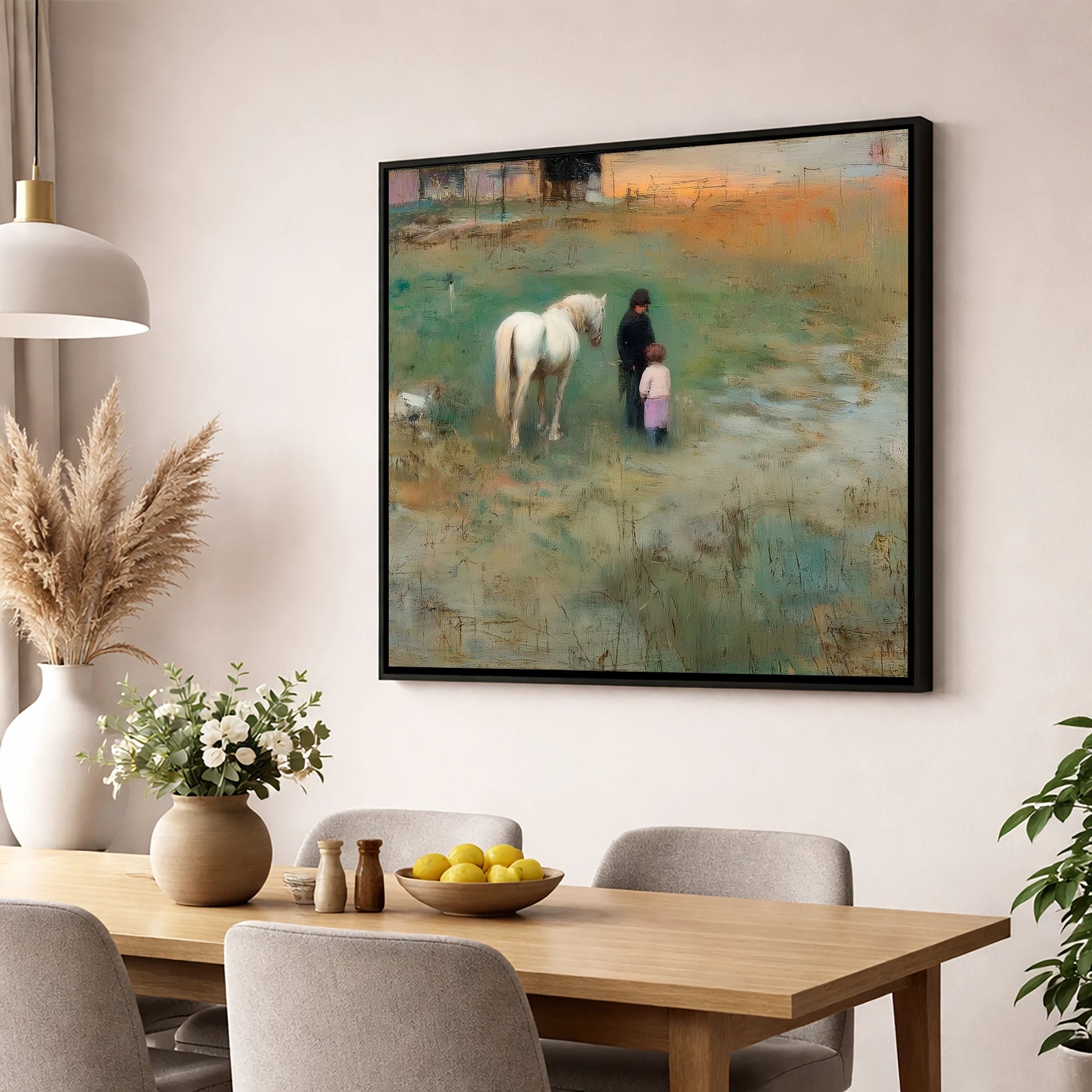 Twilight Companions horse & rider wall art displayed in a dining room