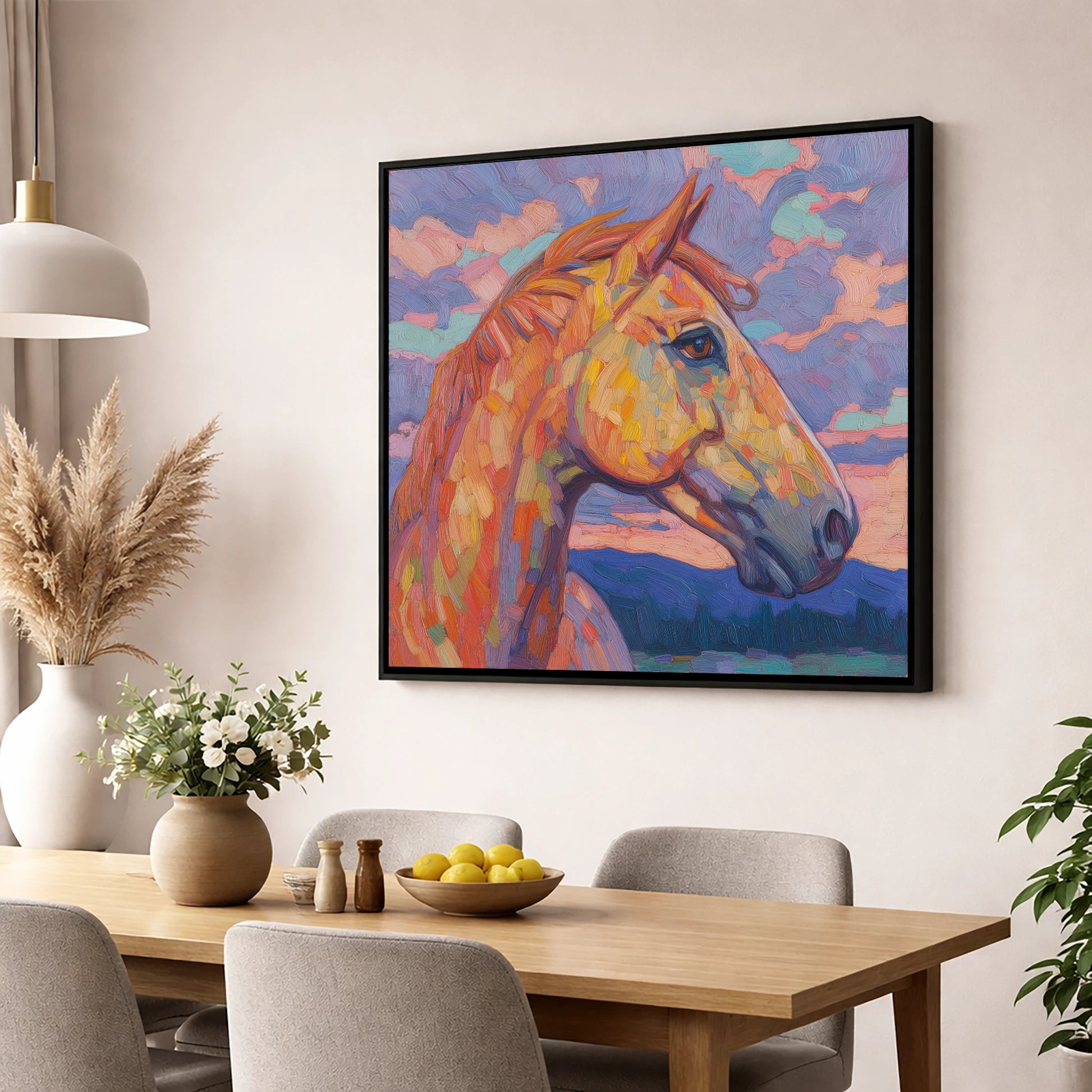 Prismatic Equine Portrait horse portrait wall art displayed in a dining room