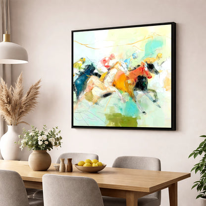 Rush to the Line racing horse wall art displayed in a dining room