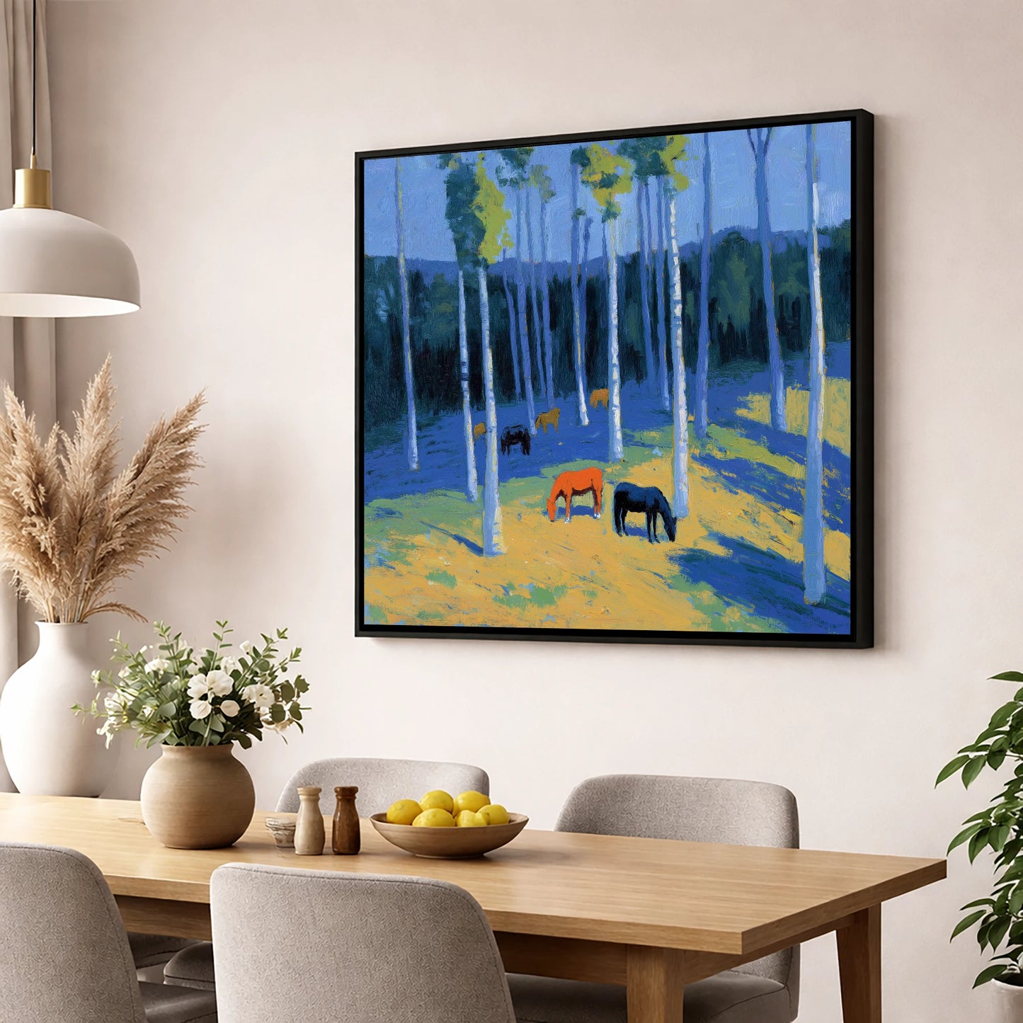 Golden Light in the Azure Grove horse landscape wall art displayed in a dining room