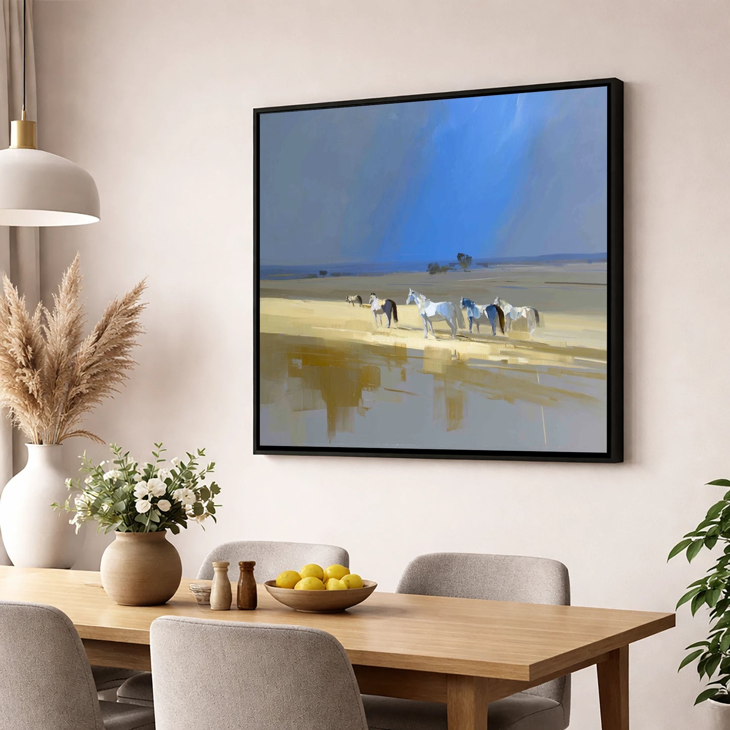 Sunlit Shallows horse landscape wall art displayed in a dining room