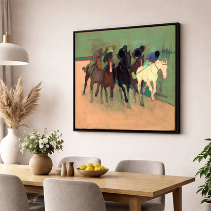 The Front Runners racing horse wall art displayed in a dining room