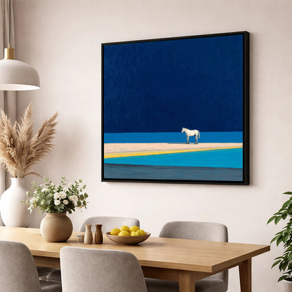 Midnight Blue Horizon horse landscape wall art displayed in a dining room