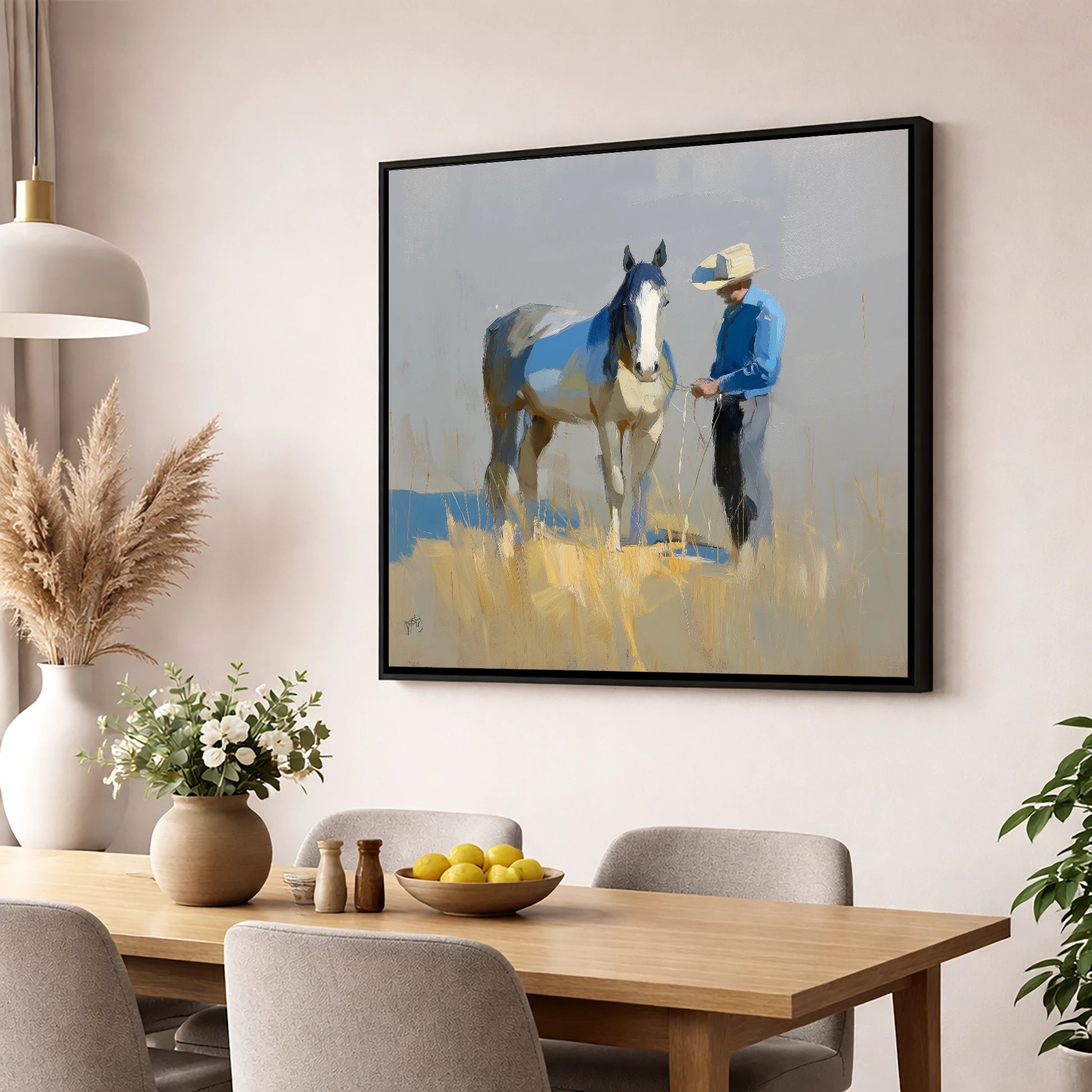 Sunlit Partnership horse & rider wall art displayed in a dining room