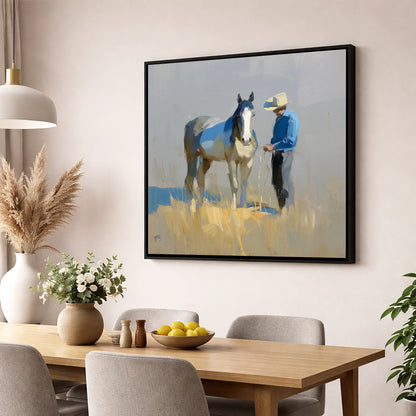 Sunlit Partnership horse & rider wall art displayed in a dining room