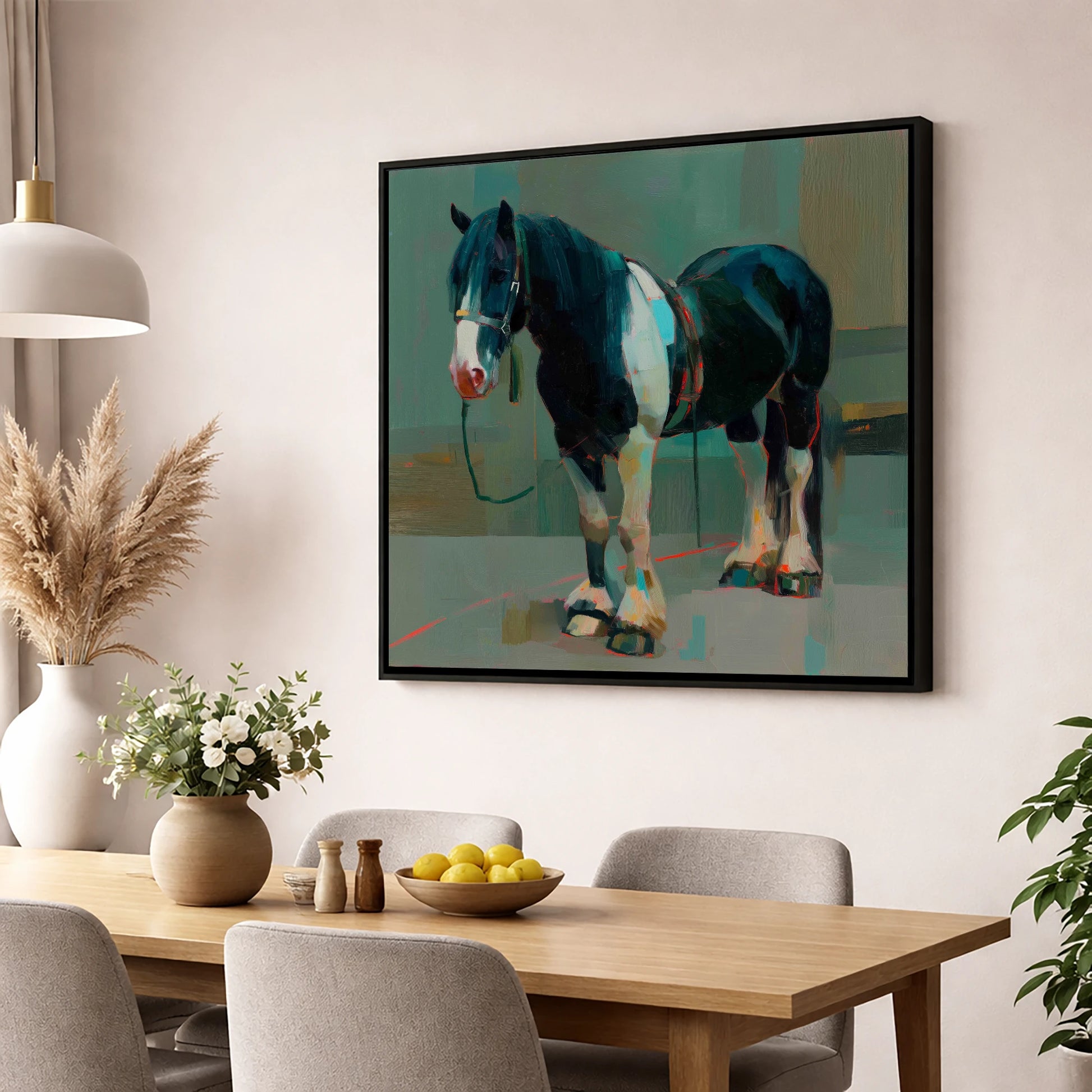 The Stoic Piebald horse breed wall art displayed in a dining room