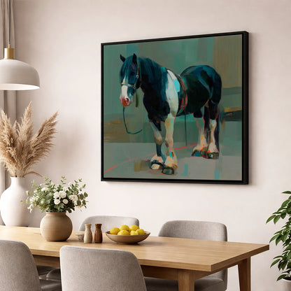 The Stoic Piebald horse breed wall art displayed in a dining room