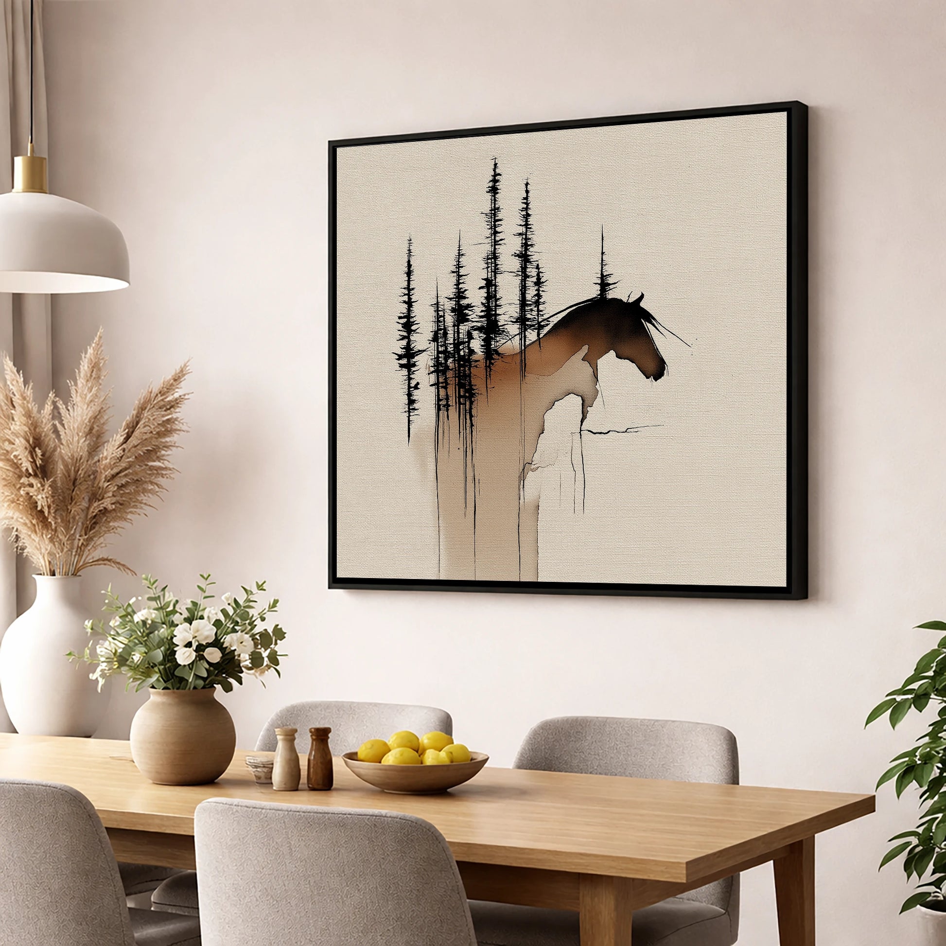 Timberline Silhouette horse landscape wall art displayed in a dining room