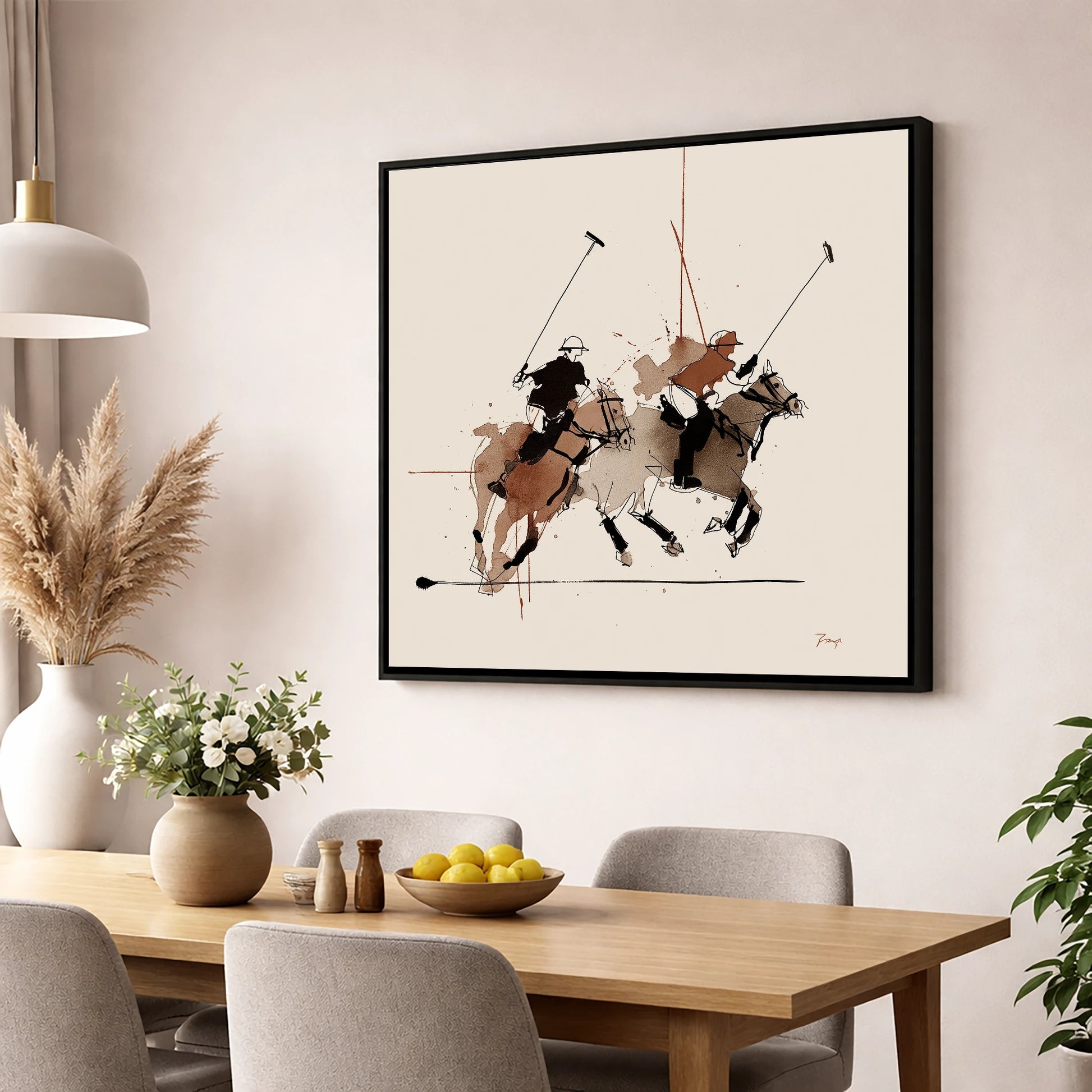 Midfield Charge polo horse wall art displayed in a dining room