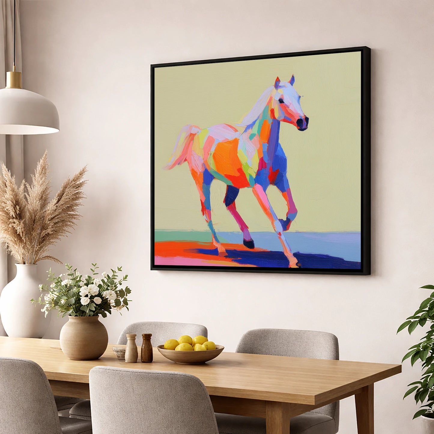 Prismatic Canter horse breed wall art displayed in a dining room