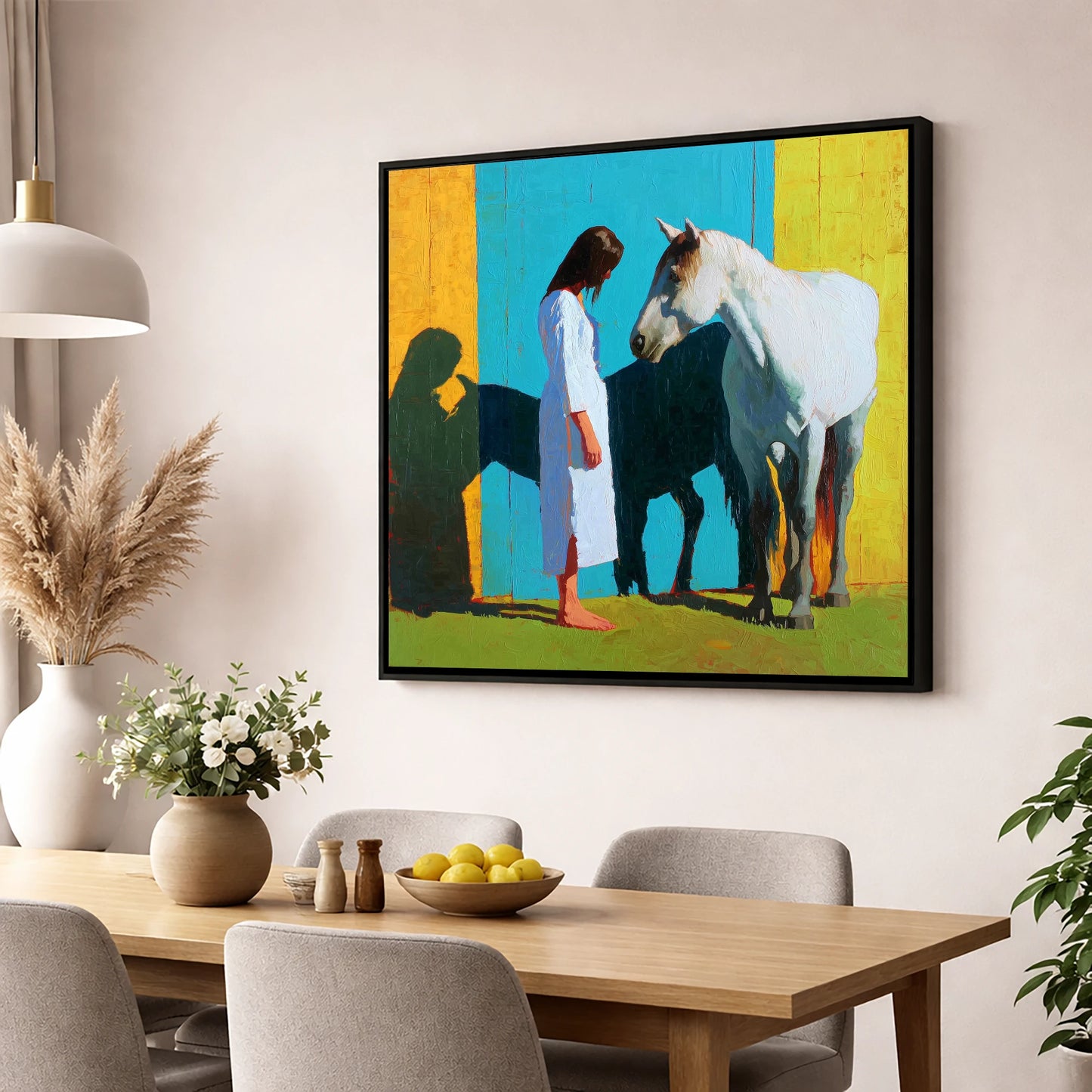 Sunlit Shadows horse & rider wall art displayed in a dining room