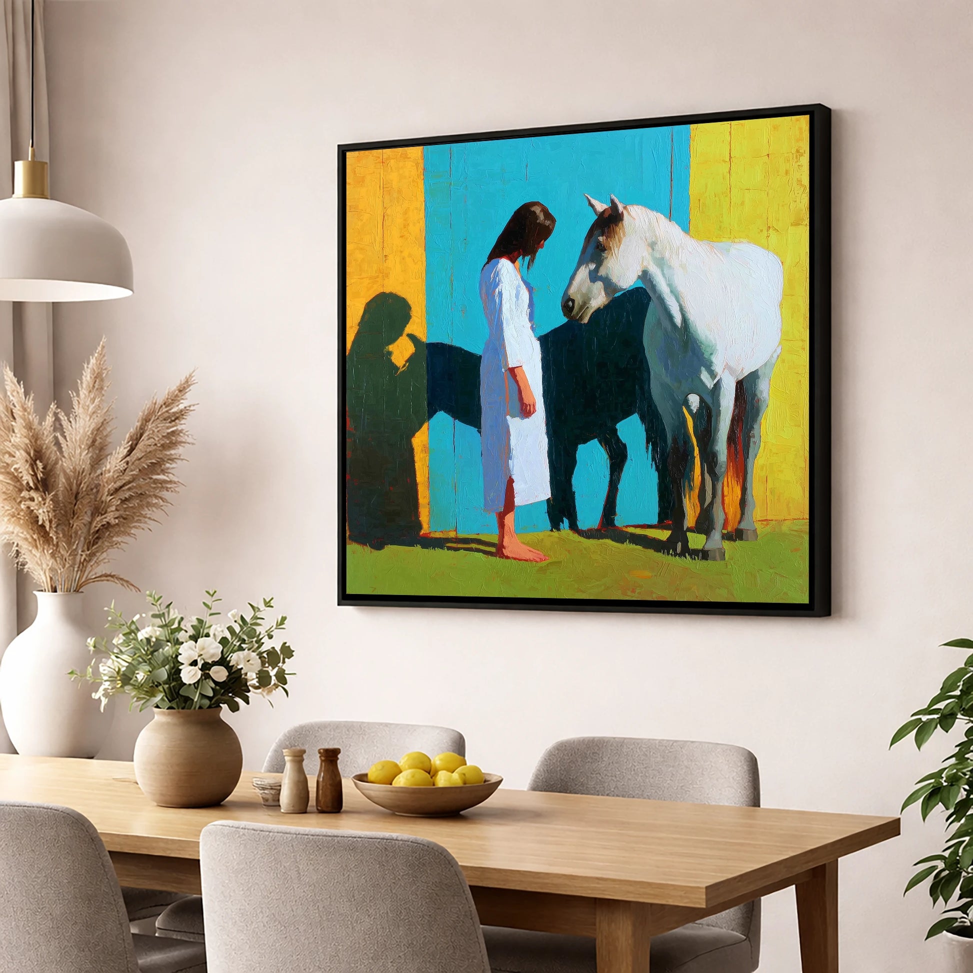 Sunlit Shadows horse & rider wall art displayed in a dining room