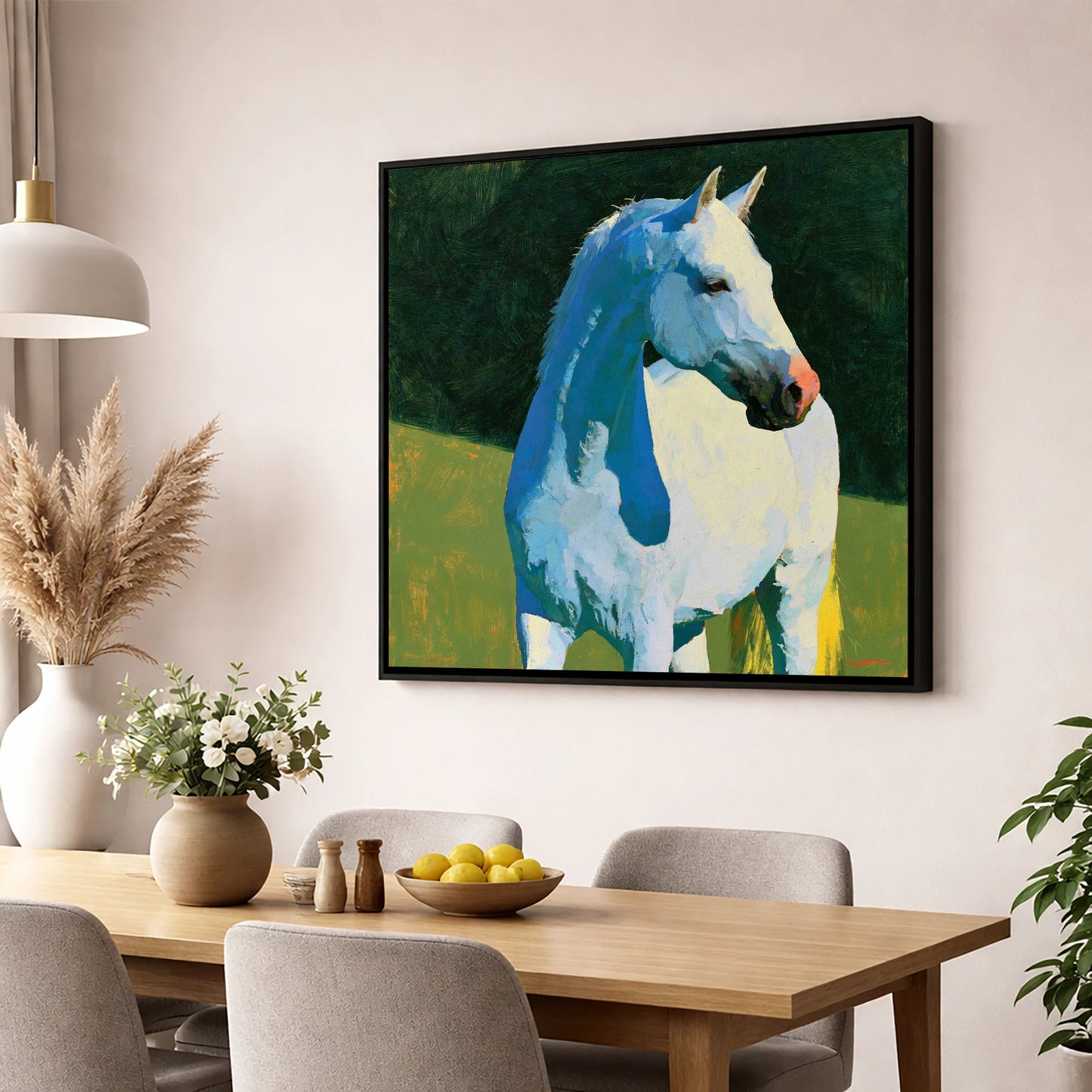 Grey Horse with Blue Shadows horse breed wall art displayed in a dining room