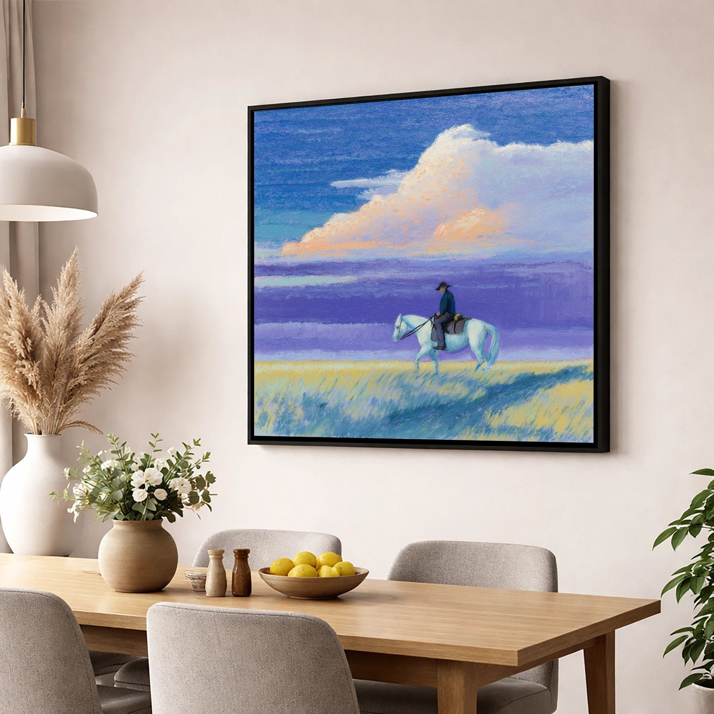 Beneath a Lilac Sky western horse wall art displayed in a dining room