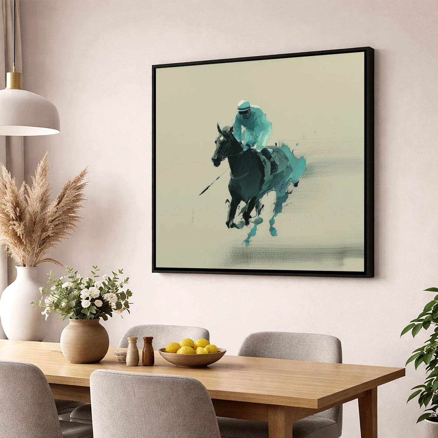 Teal Velocity racing horse wall art displayed in a dining room