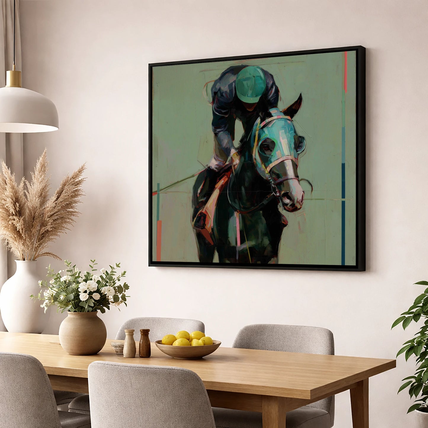 Blinkered Focus racing horse wall art displayed in a dining room