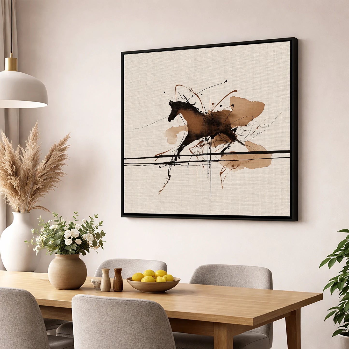 Dynamic Ink Canter horse portrait wall art displayed in a dining room