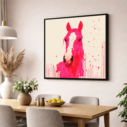Vibrant Magenta Blaze horse portrait wall art displayed in a dining room