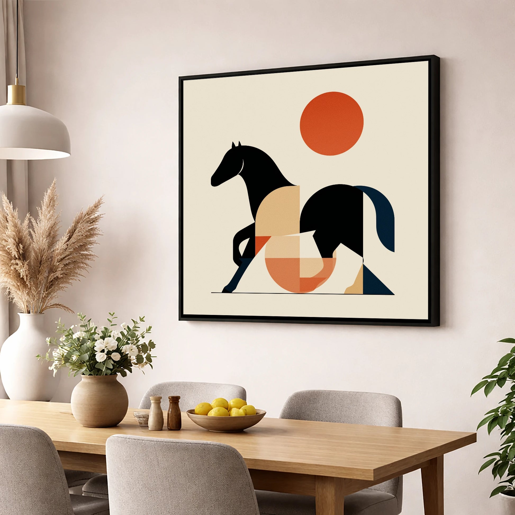 Geometric Equine Form horse portrait wall art displayed in a dining room