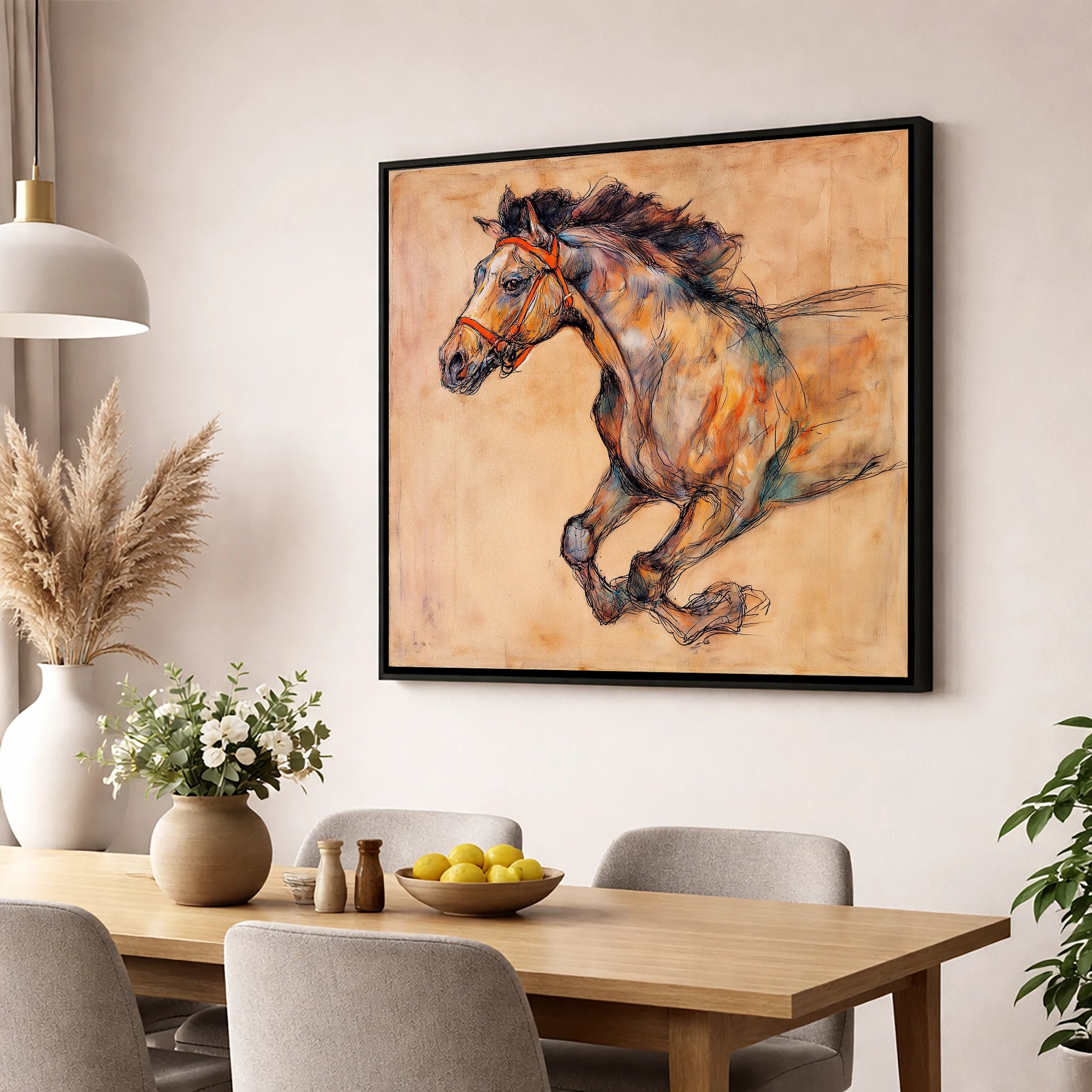 The Morning Gallop racing horse wall art displayed in a dining room