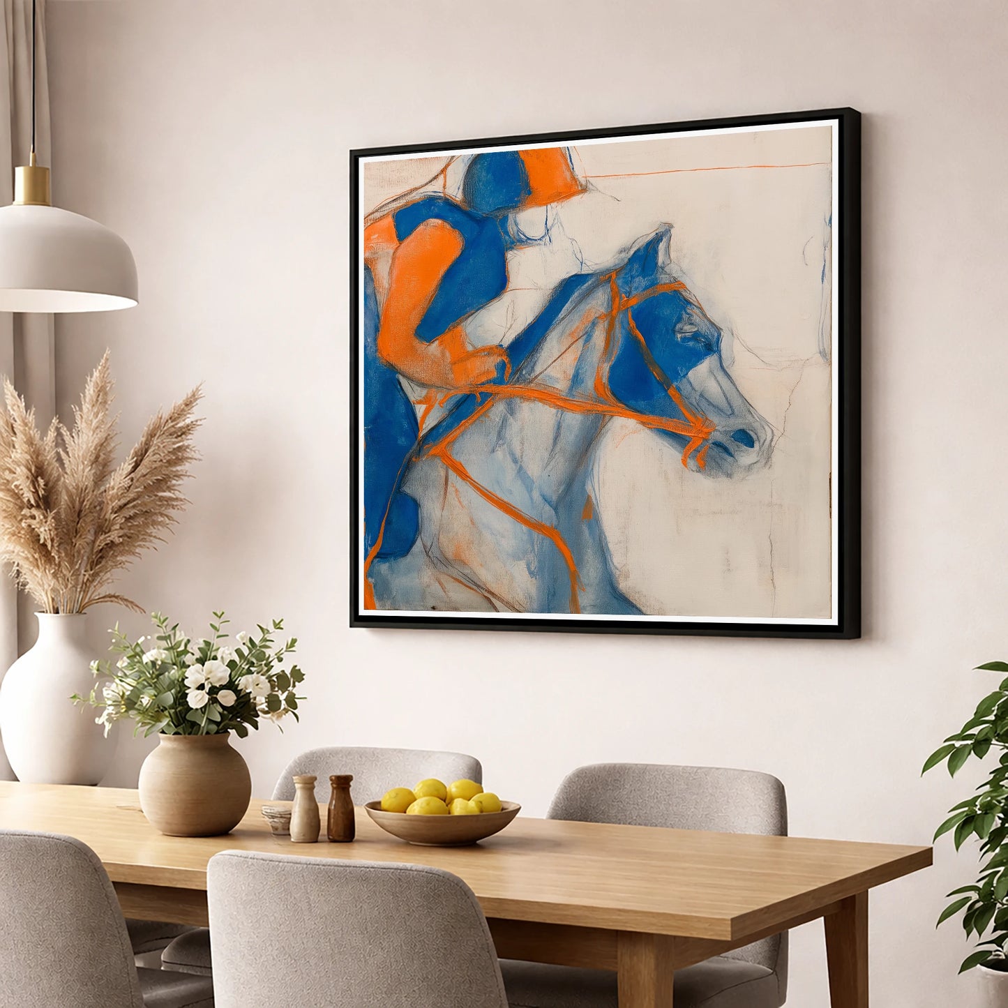 Ultramarine Racing Form racing horse wall art displayed in a dining room