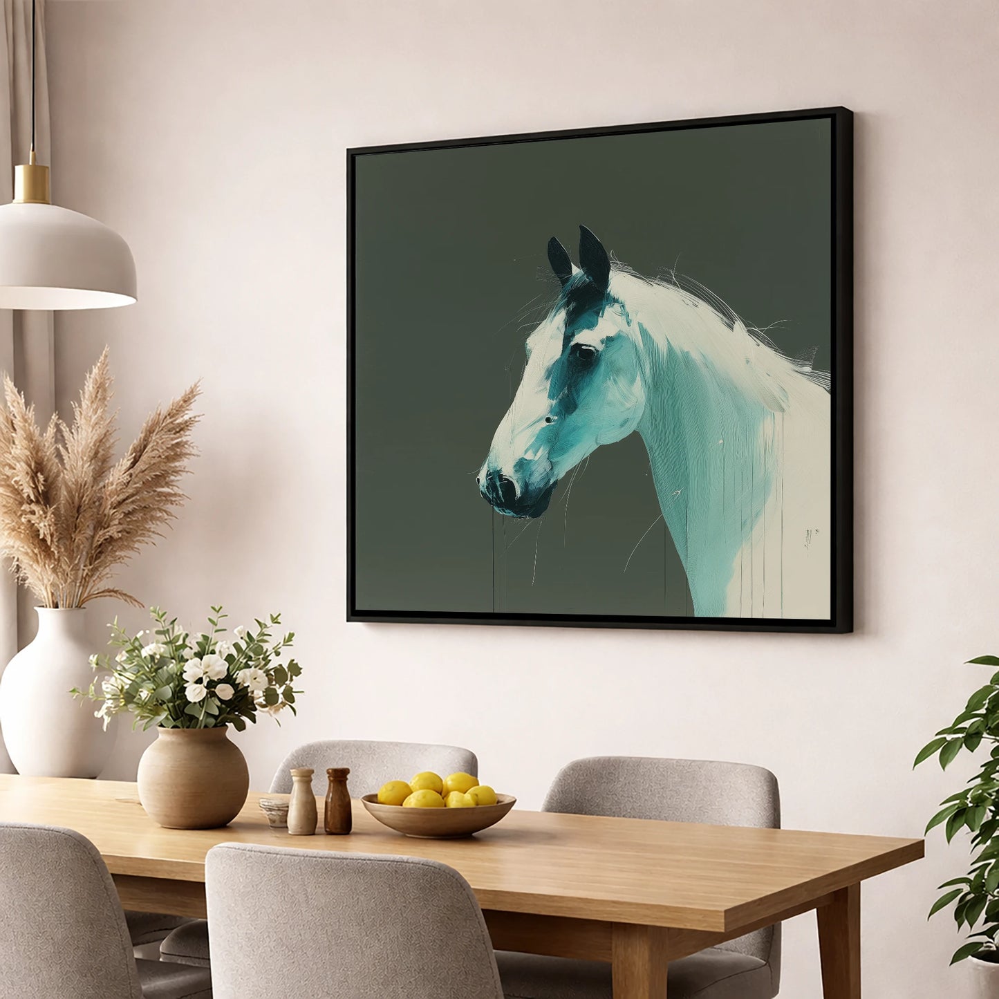 Contemporary Teal Profile horse portrait wall art displayed in a dining room