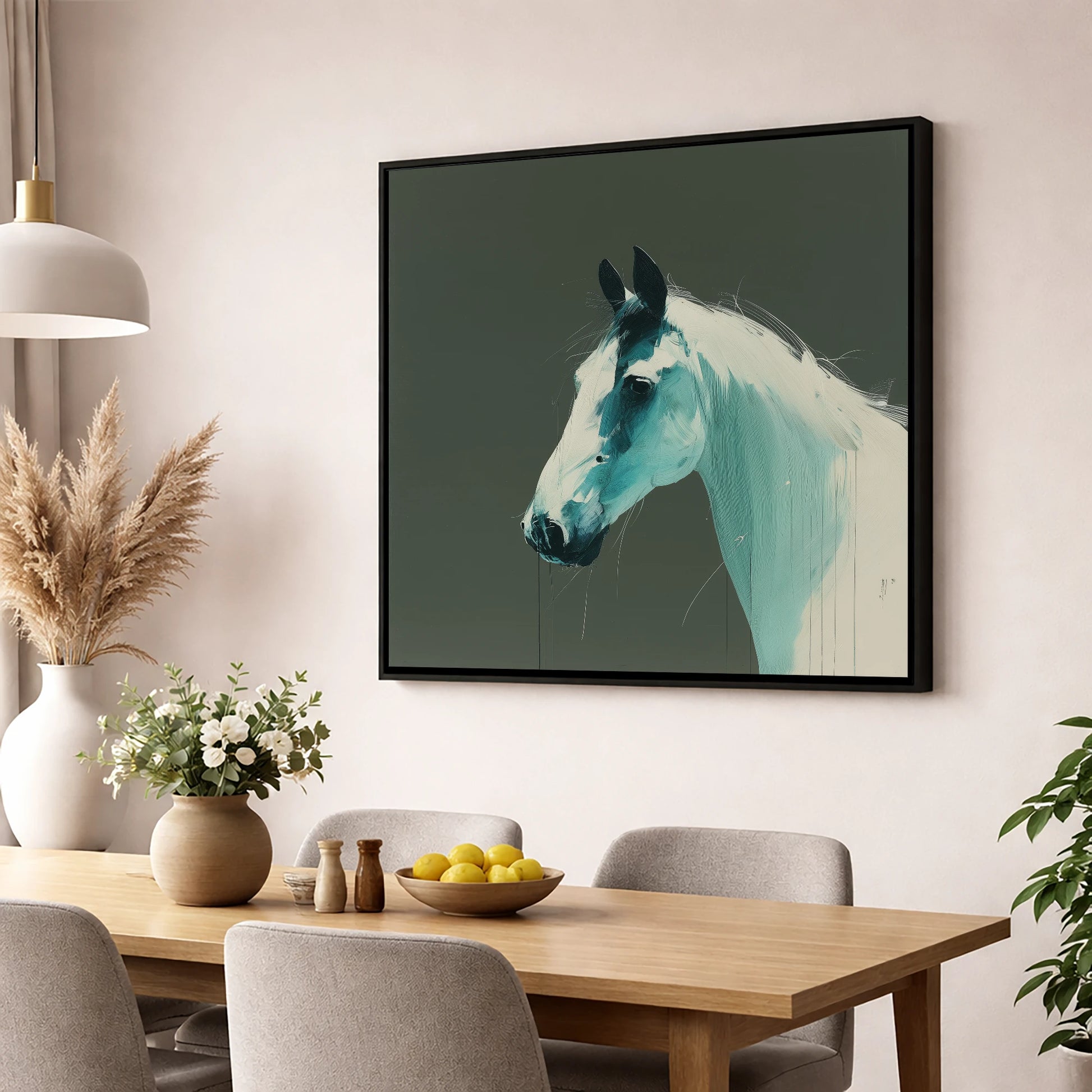 Contemporary Teal Profile horse portrait wall art displayed in a dining room