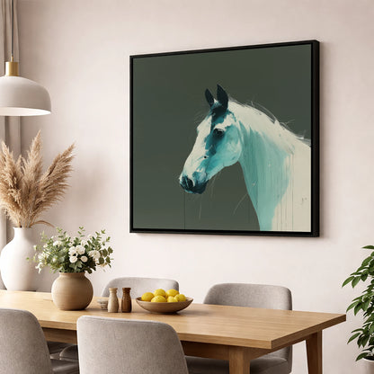 Contemporary Teal Profile horse portrait wall art displayed in a dining room