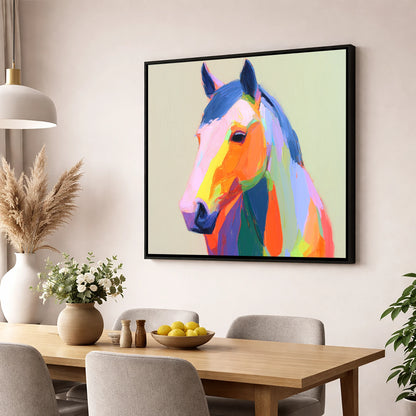 Vivid Technicolour Spirit horse portrait wall art displayed in a dining room