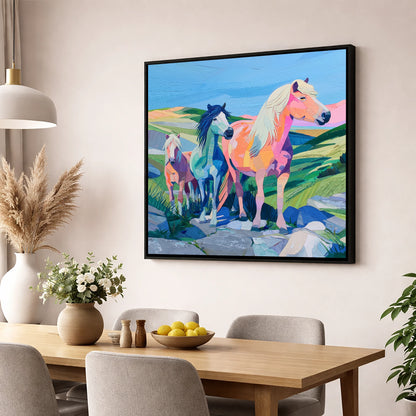 Vivid Moorland Herd horse landscape wall art displayed in a dining room