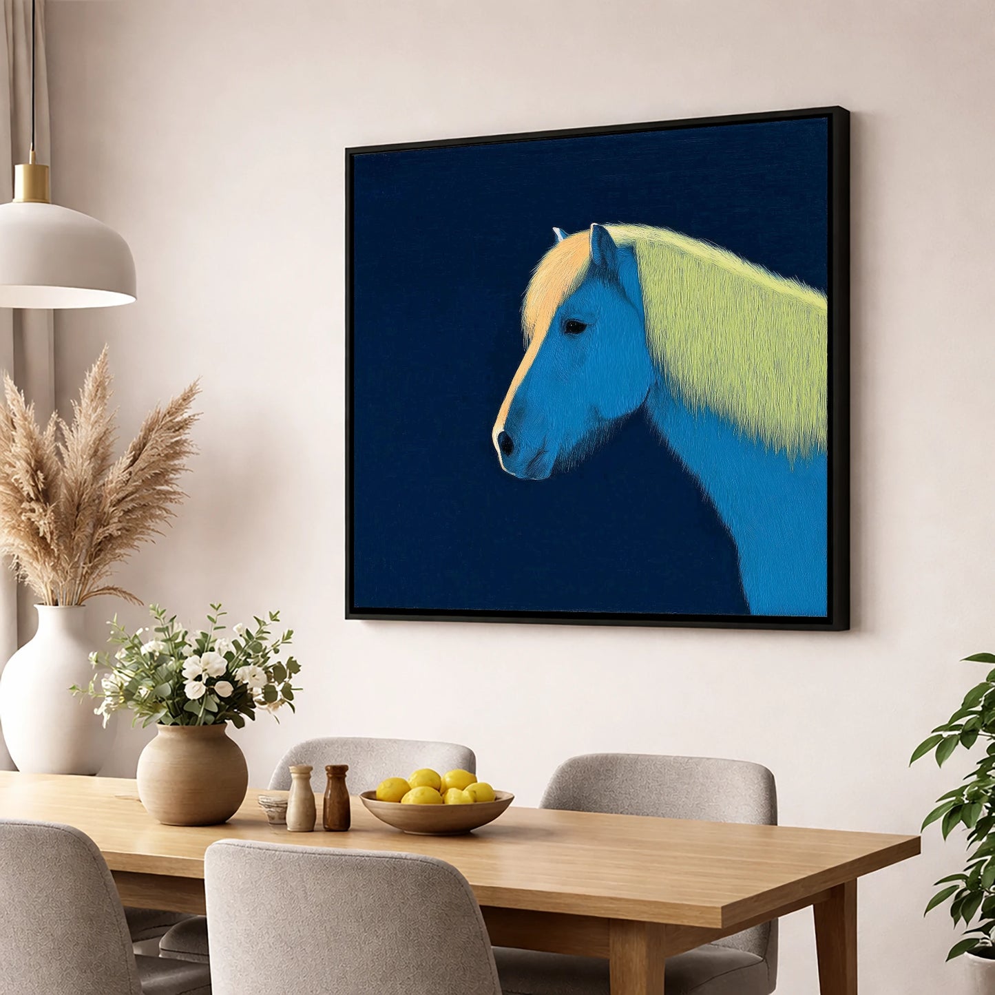 Electric Blue Profile horse breed wall art displayed in a dining room
