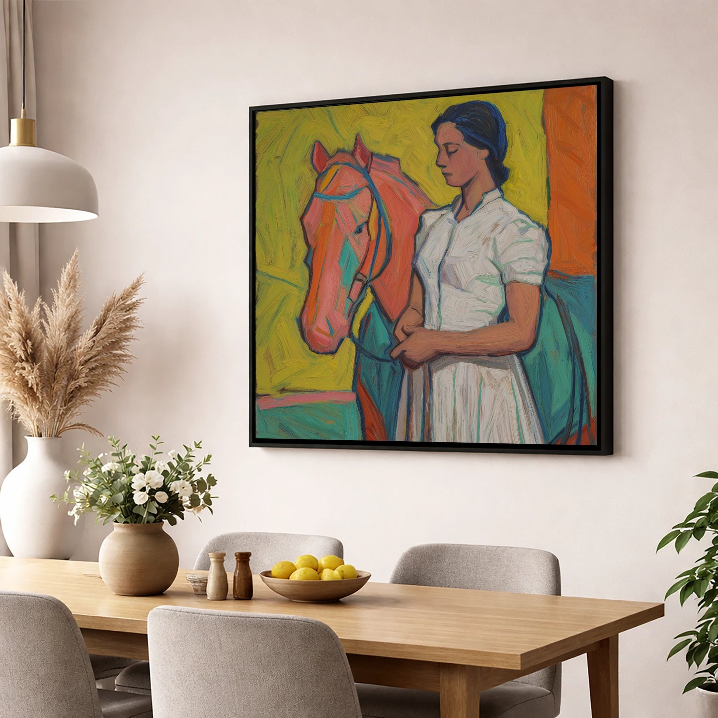 Vibrant Connection horse & rider wall art displayed in a dining room