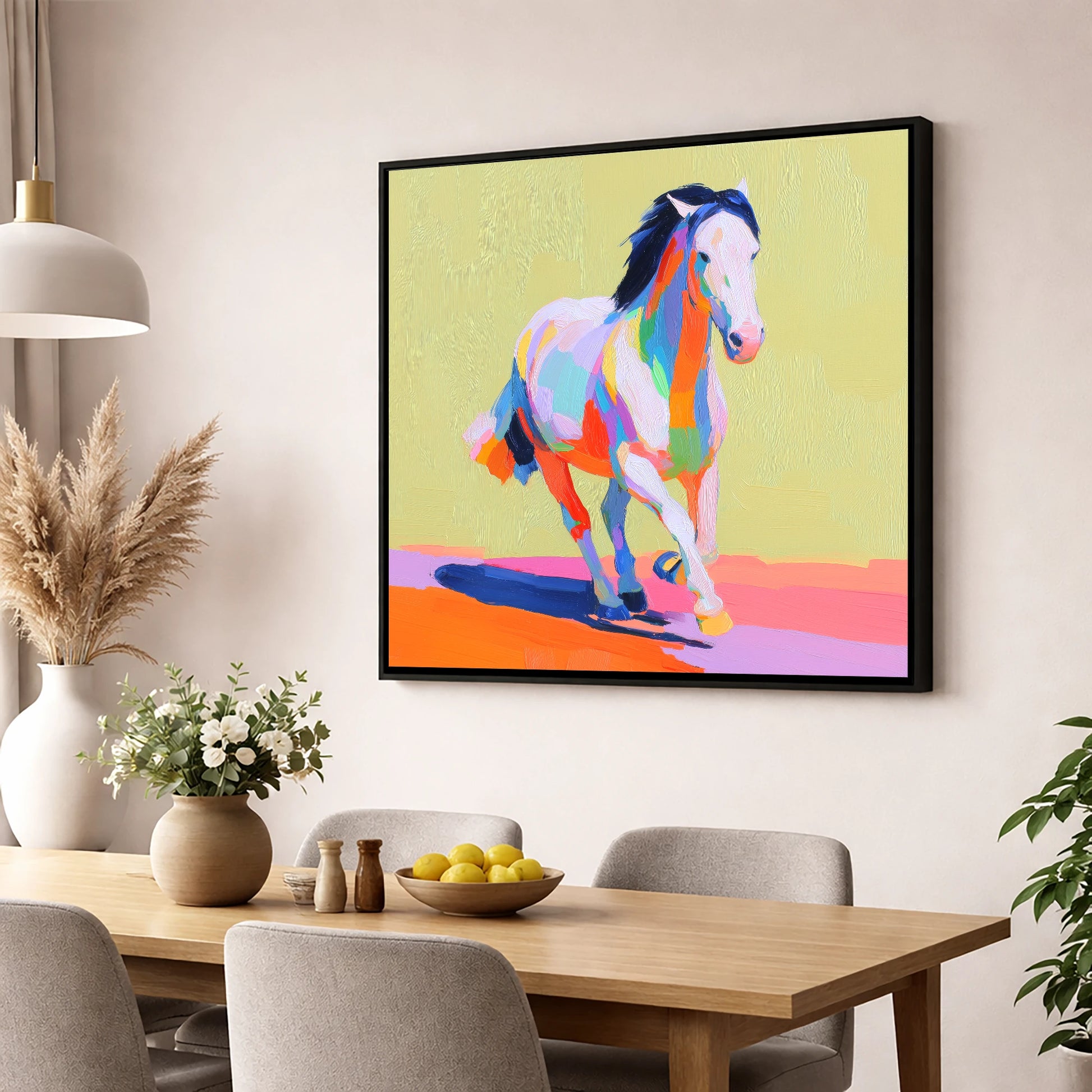 Technicolour Canter horse breed wall art displayed in a dining room