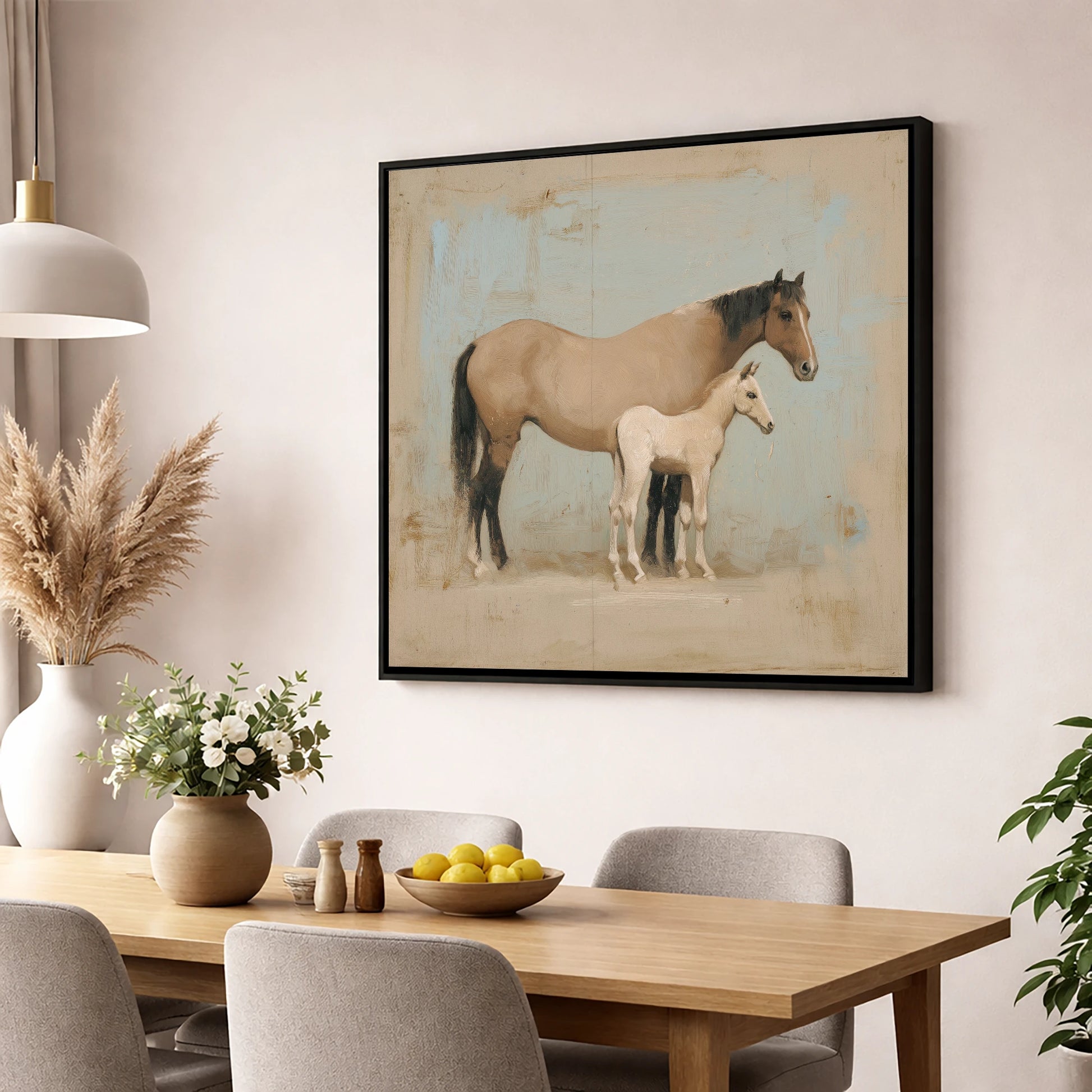 A Quiet Bond mare & foal wall art displayed in a dining room